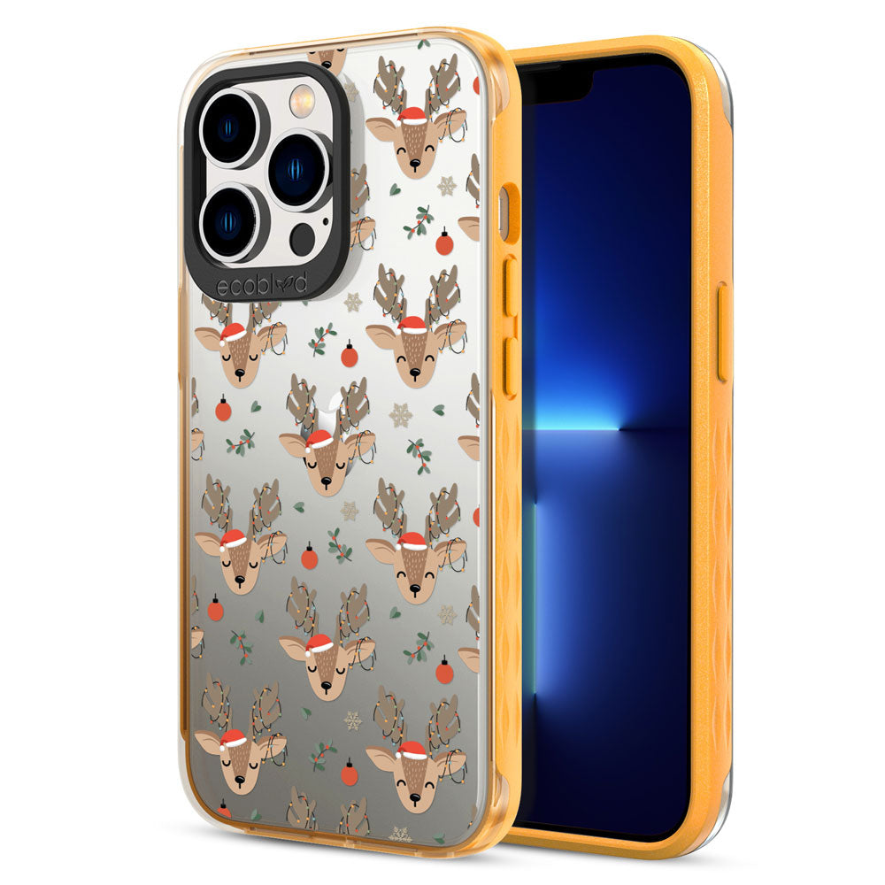Back View Of Yellow Compostable iPhone 13 Pro Winter Laguna Case With The Oh Deer Design & Front View Of The Screen