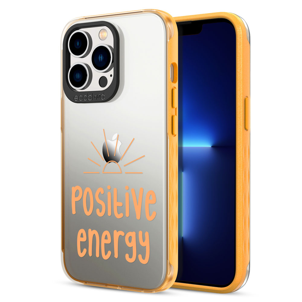 Back View Of Yellow iPhone 13 Pro Laguna Case With The Positive Energy Design On A Clear Back And Frontal View Of The Screen
