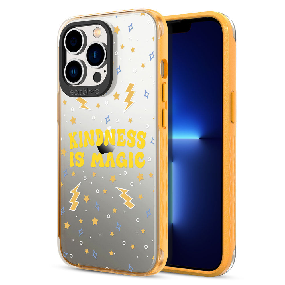 Back View Of Yellow iPhone 13 Pro Max / 12 Pro Max Laguna Case Kindness Is Magic Print On Clear Back And Front View Of Screen