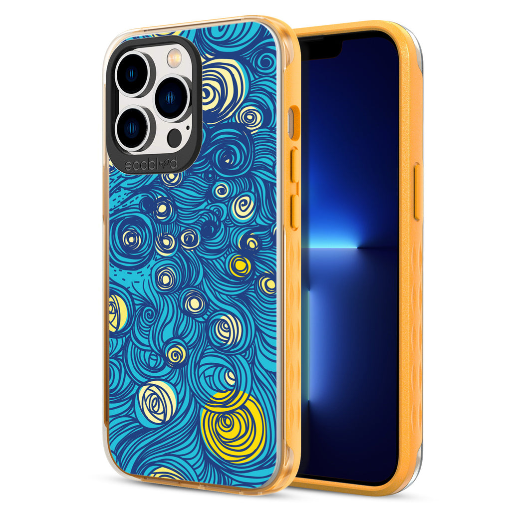 Back View Of Yellow Eco-Friendly iPhone 13 Pro Clear Case With The Let It Gogh Design & Front View Of Screen