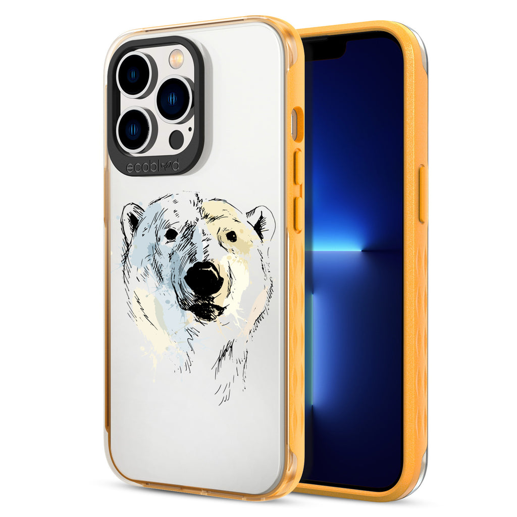Back View Of Yellow Eco-Friendly iPhone 13 Pro Clear Case With The Polar Bear Design & Front View Of Screen
