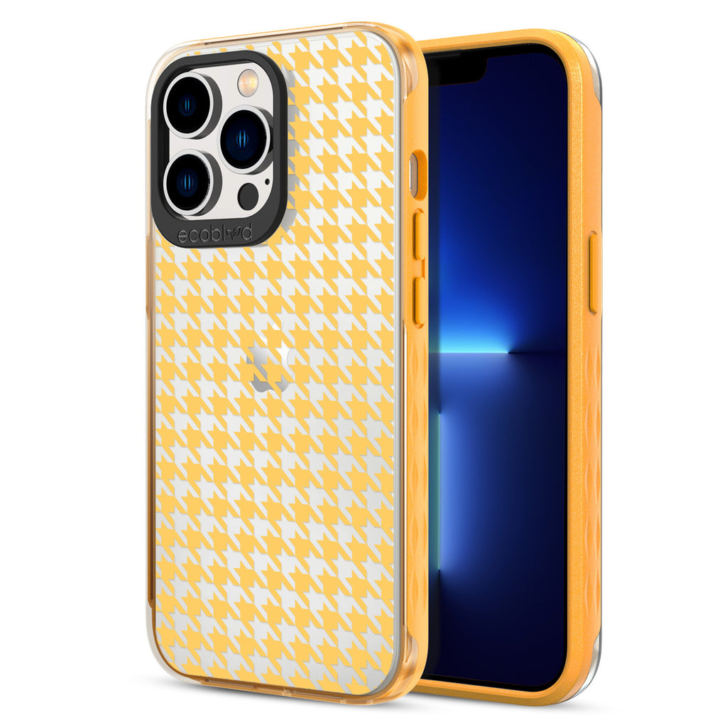 Back View Of Eco-Friendly Yellow iPhone 12 & 13 Pro Max Timeless Laguna Case With Houndstooth Design & Front View Of Screen