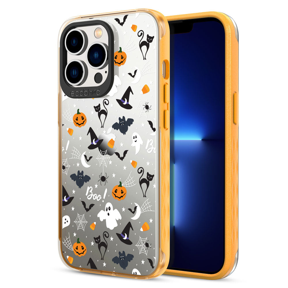 Back View Of Yellow Laguna Halloween iPhone 13 Pro Max Case With The Trick R' Treat Ya Self Design & Front View Of The Screen