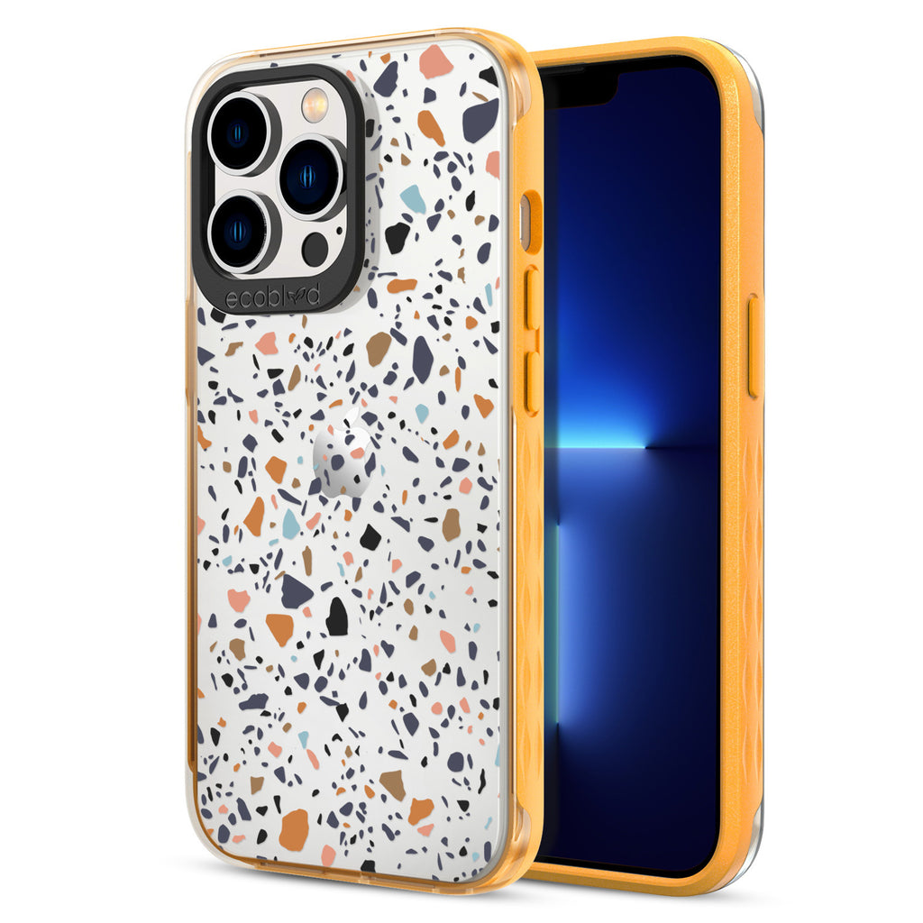Back View Of Eco-Friendly Yellow iPhone 13 Pro Timeless Laguna Case With Terrazzo Design & Front View Of Screen