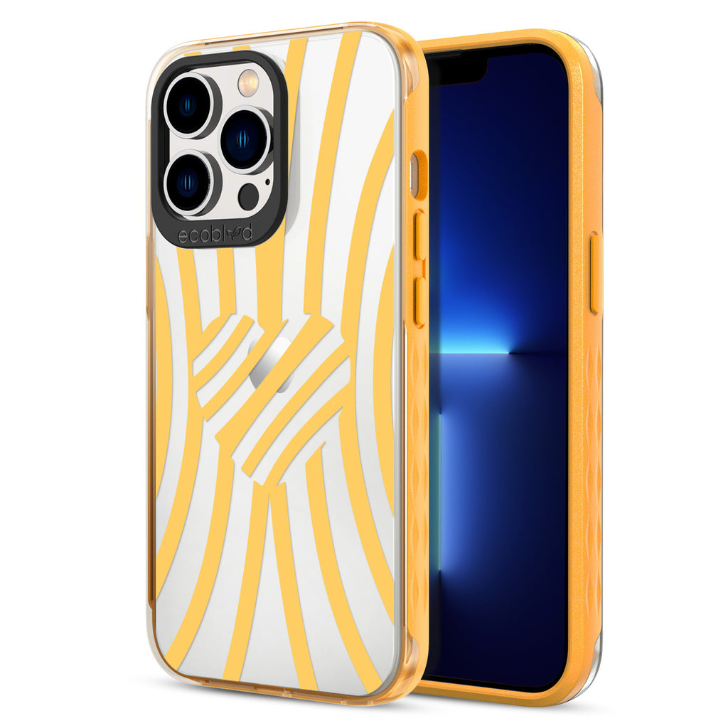 Back View Of Yellow Eco-Friendly iPhone 13 Pro Clear Case With Swirl Of Emotion Design & Front View Of Screen