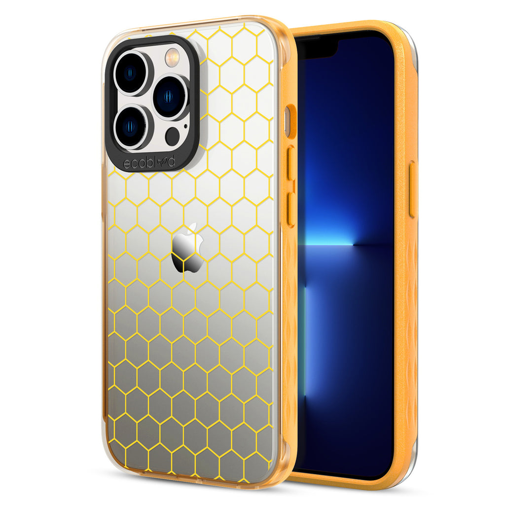 Back View Of The Yellow Compostable iPhone 12 & 13 Pro Max Laguna Case With Honeycomb Design & Front View Of The Screen