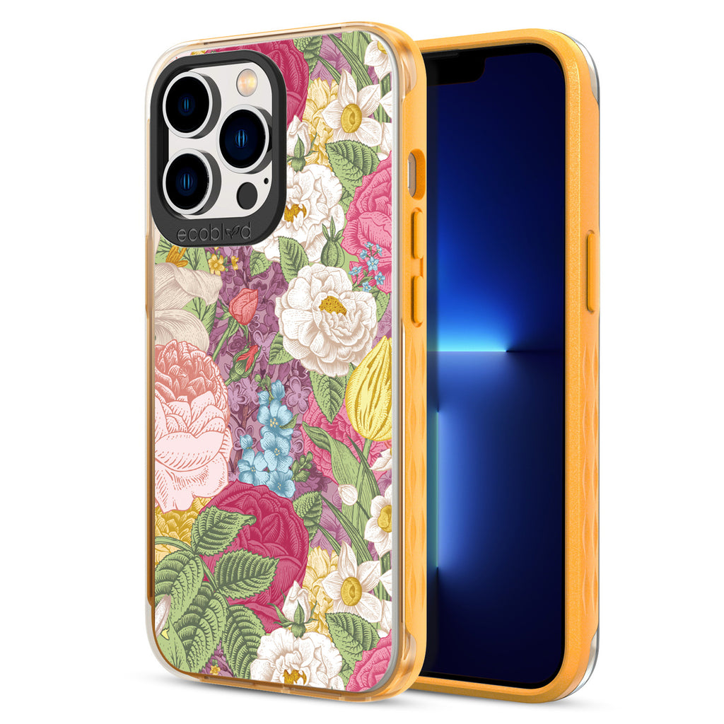 Back View Of Eco-Friendly Yellow Phone 13 Pro Timeless Laguna Case With The In Bloom Design & Front View Of The Screen