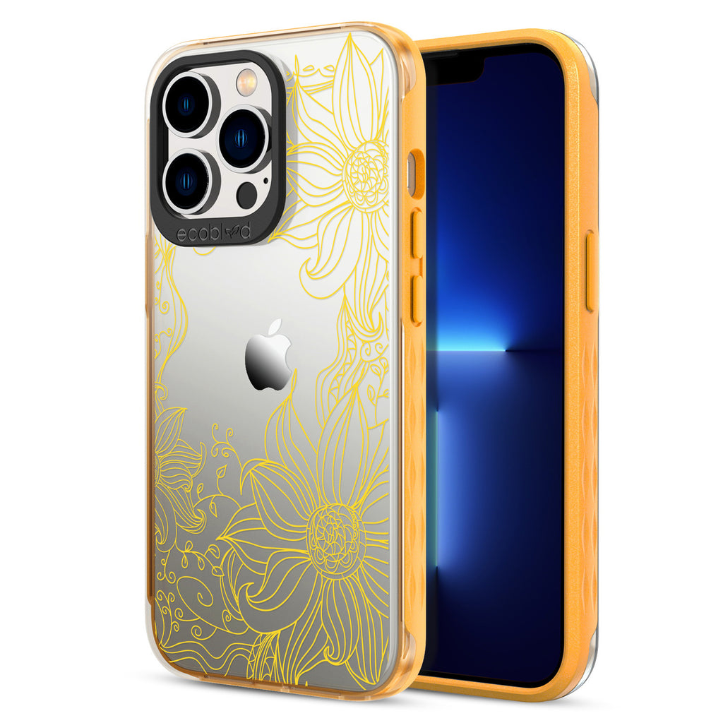 Back View Of Yellow Compostable iPhone 13 Pro Laguna Case With The Flower Stencil Design & Front View Of The Screen