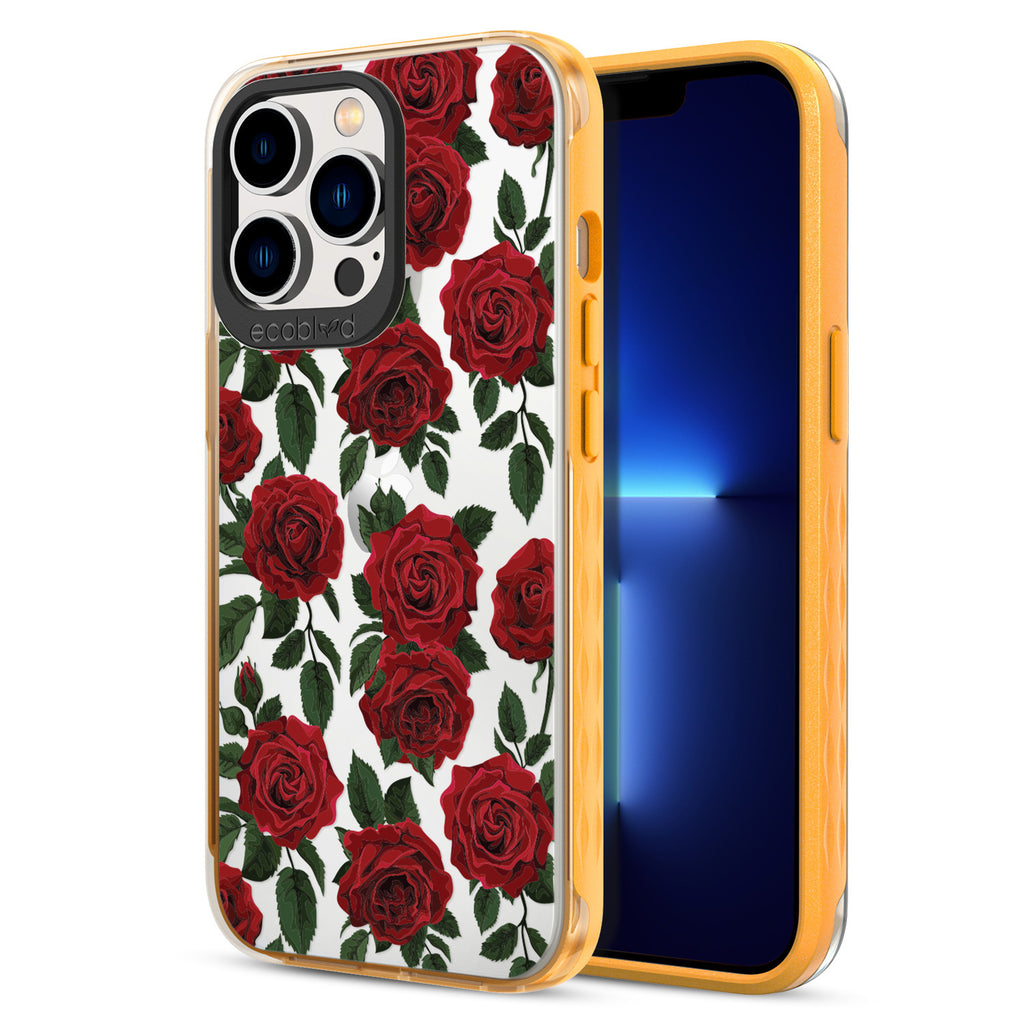Back View Of Yellow Eco-Friendly iPhone 12 & 13 Pro Max Clear Case With The Smell The Roses Design & Front View Of Screen