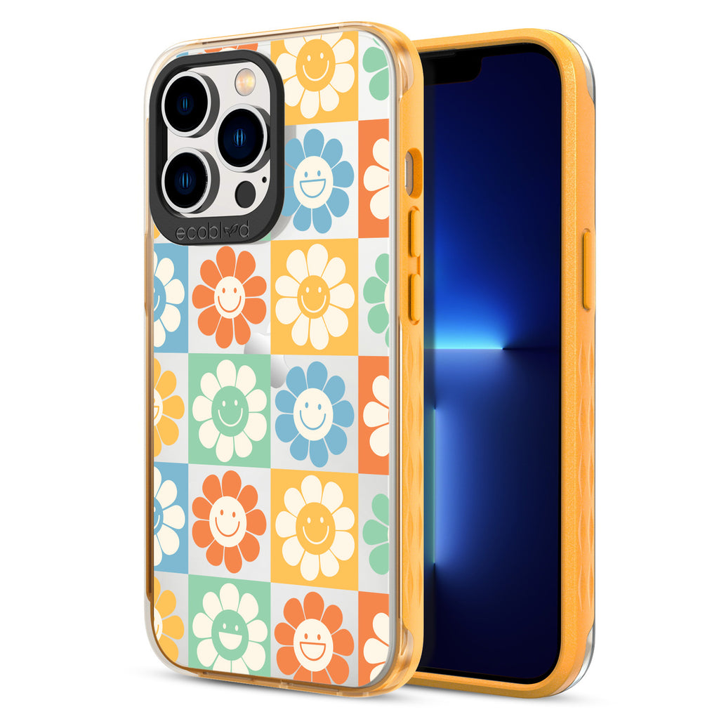Back View Of Yellow Eco-Friendly iPhone 13 Pro Clear Case With Flower Power Design & Front View Of Screen