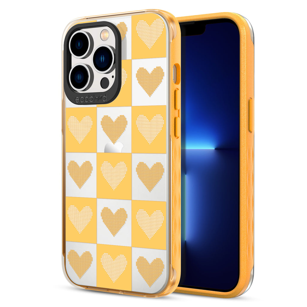 Back View Of Yellow Eco-Friendly iPhone 13 Pro Clear Case With Qulity Pleasures Design & Front View Of Screen