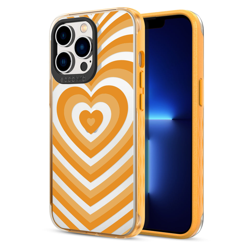 Back View Of Yellow Eco-Friendly iPhone 13 Pro Clear Case With The Tunnel Of Love Design & Front View Of Screen
