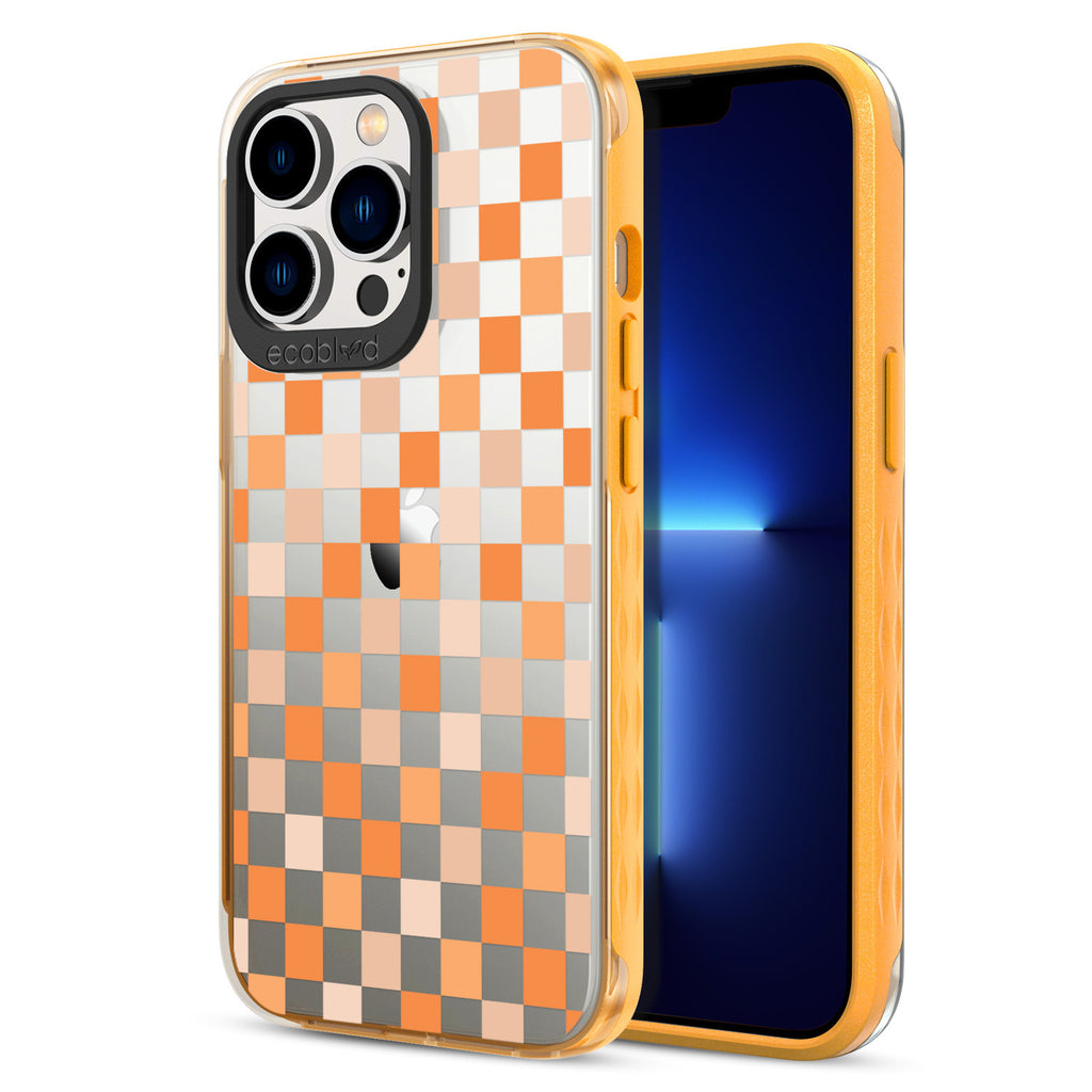 Back View Of Yellow iPhone 13 Pro Max / 12 Pro Max Laguna Case With Checkered Print On Clear Back And Frontal View Of Screen