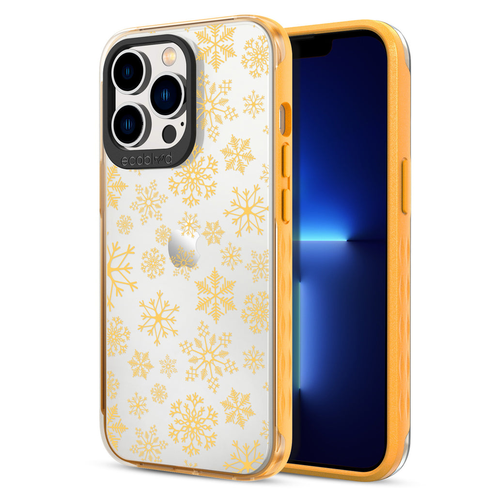 Back View Of Eco-Friendly Yellow Phone 12 & 13 Pro Max Winter Laguna Case With The Let It Snow Design & Front View Of The Screen