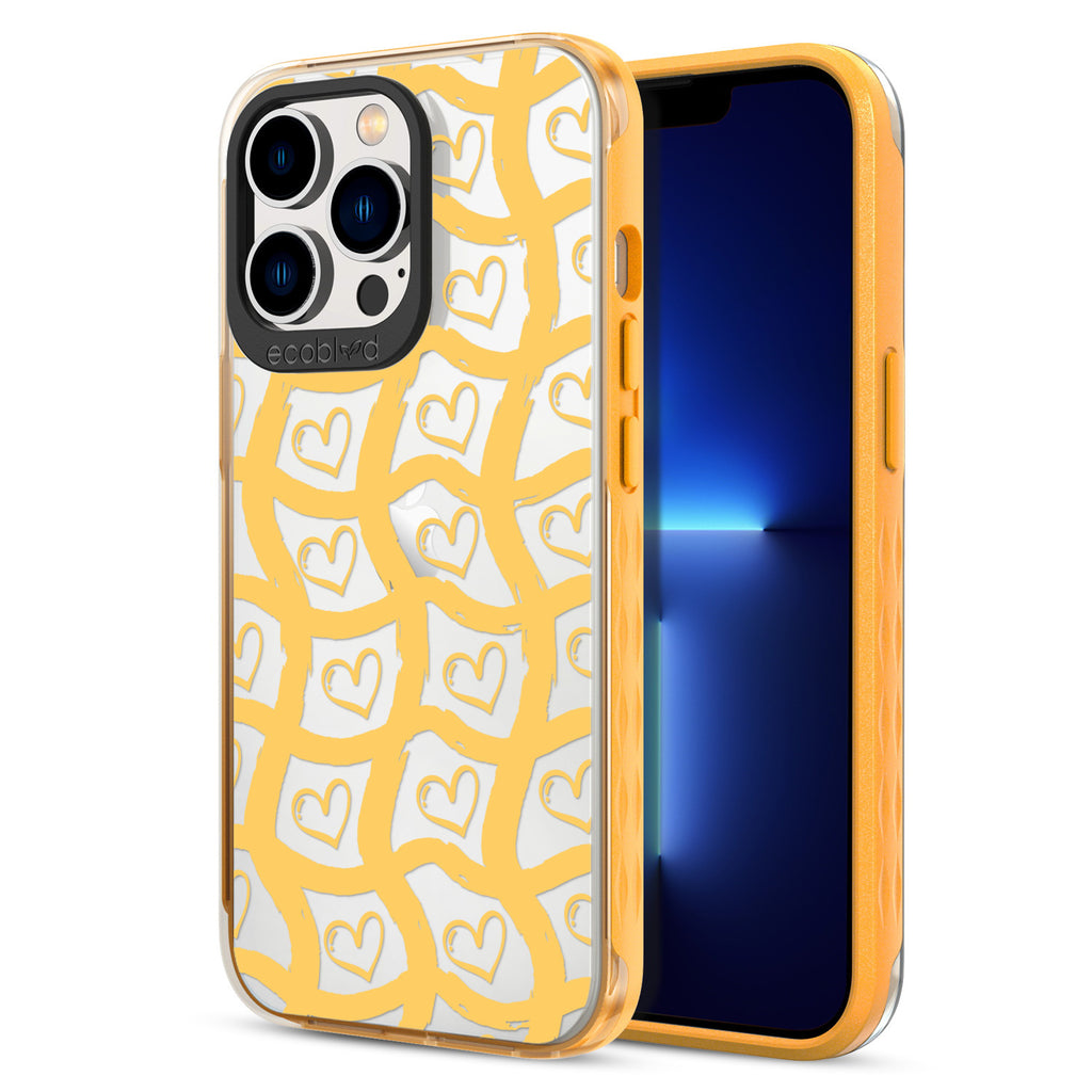 Back View Of Yellow Eco-Friendly iPhone 13 Pro Clear Case With Waves Of Affection Design & Front View Of Screen
