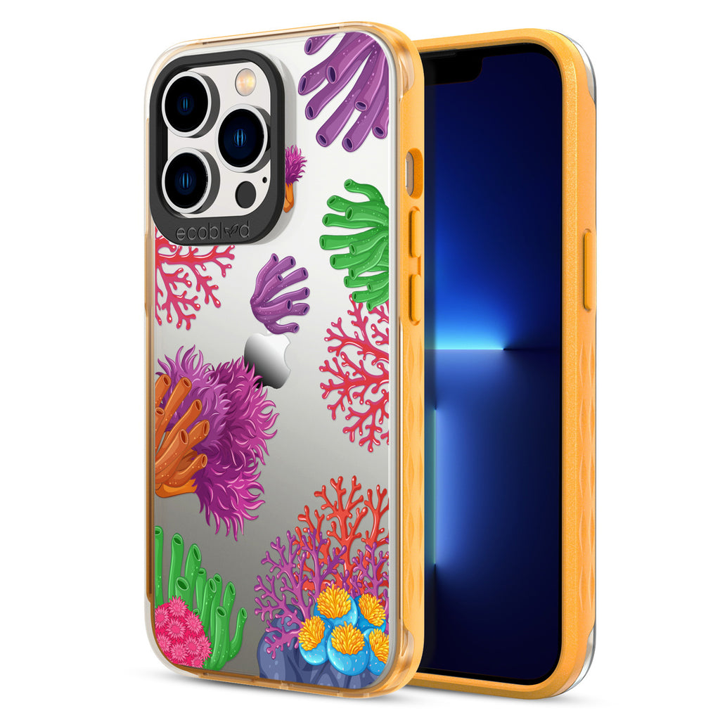 Back View Of Yellow Compostable iPhone 12 & 13 Pro Max Laguna Case With The Coral Reef Design & Front View Of The Screen