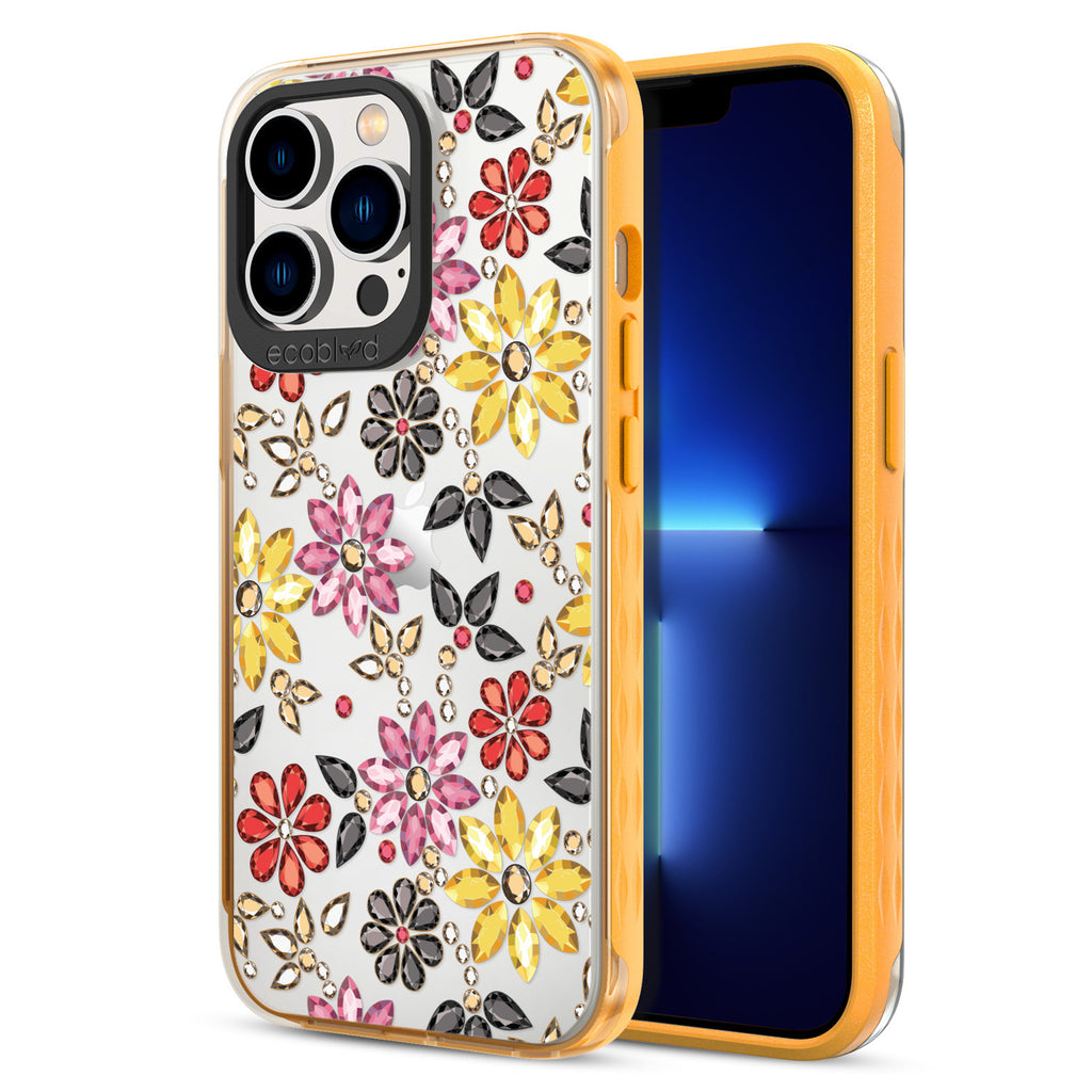 Back View Of Yellow Eco-Friendly iPhone 13 Pro Clear Case With Bejeweled Design & Front View Of Screen