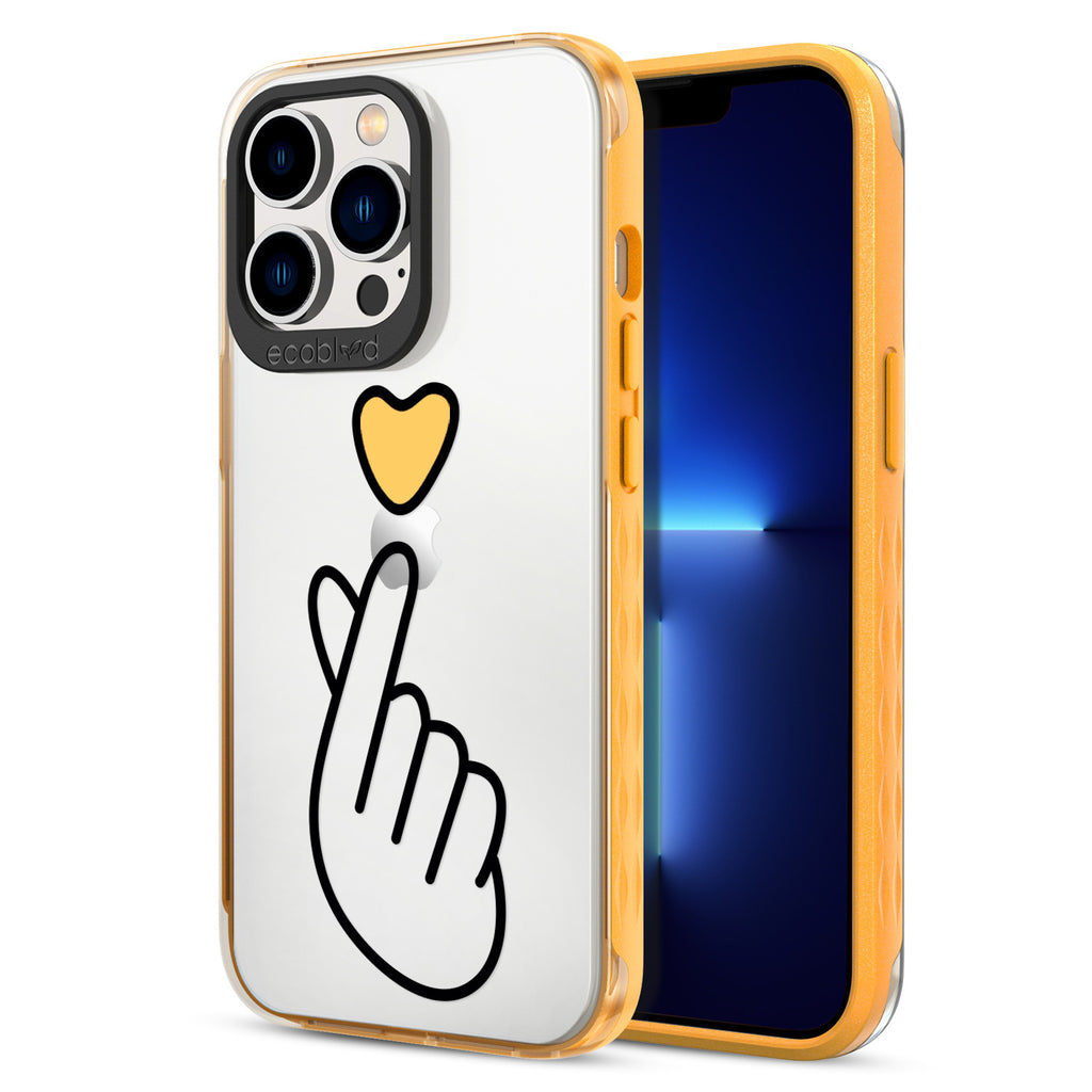 Back View Of Yellow Eco-Friendly iPhone 12 & 13 Pro Max Clear Case With The Finger Heart Design & Front View Of Screen