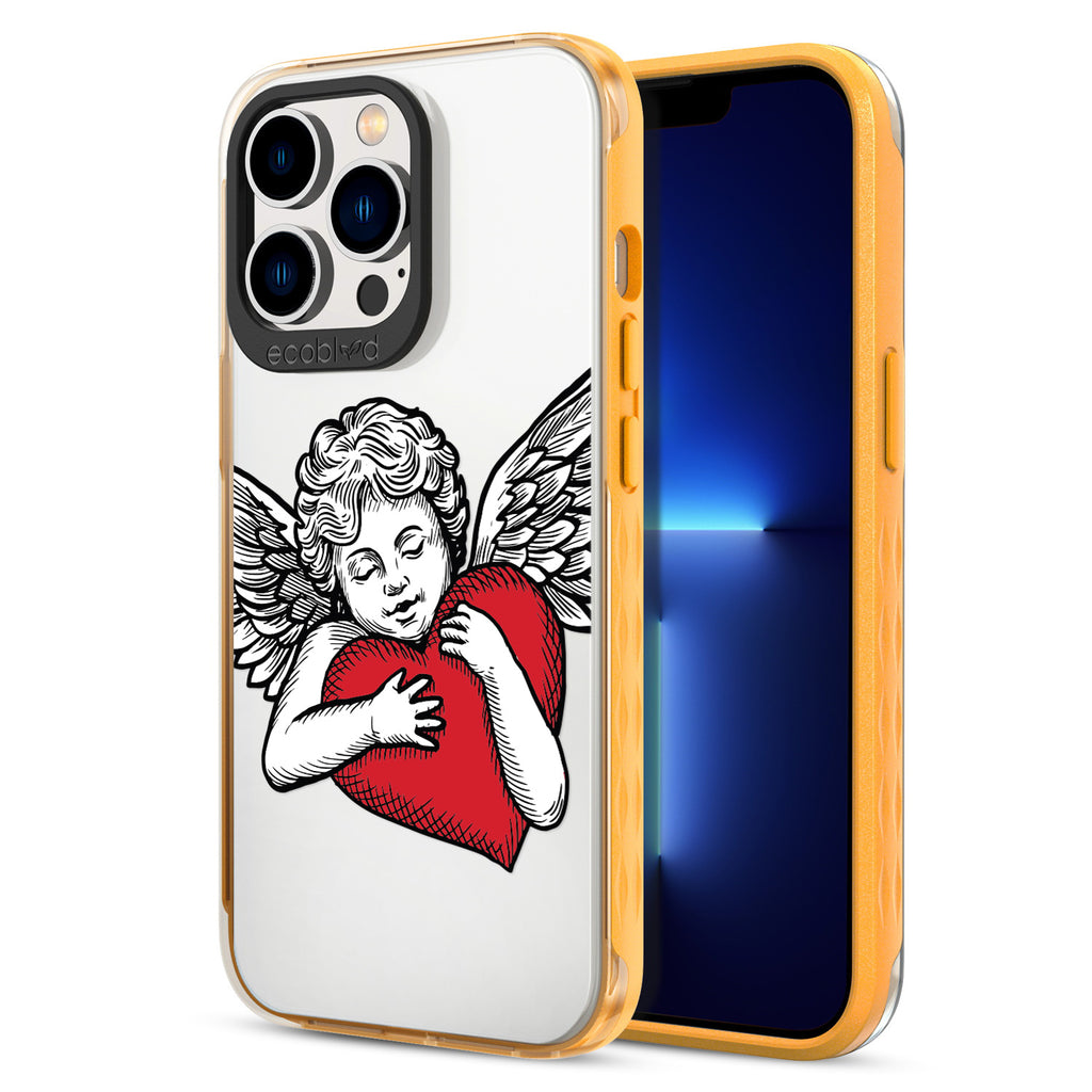 Back View Of Yellow Eco-Friendly iPhone 12 & 13 Pro Max Clear Case With The Cupid Design & Front View Of Screen