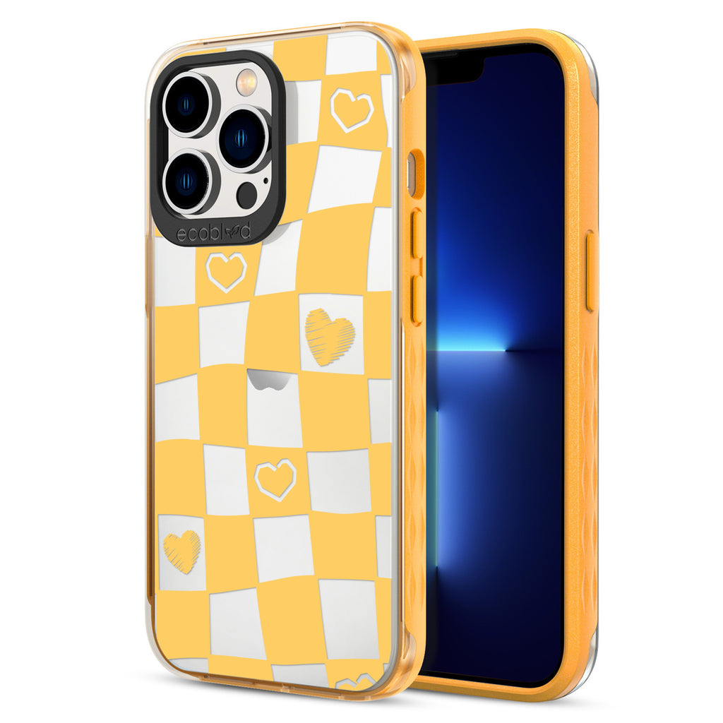 Back View Of Yellow Eco-Friendly iPhone 13 Pro Clear Case With Reality Check Design & Front View Of Screen