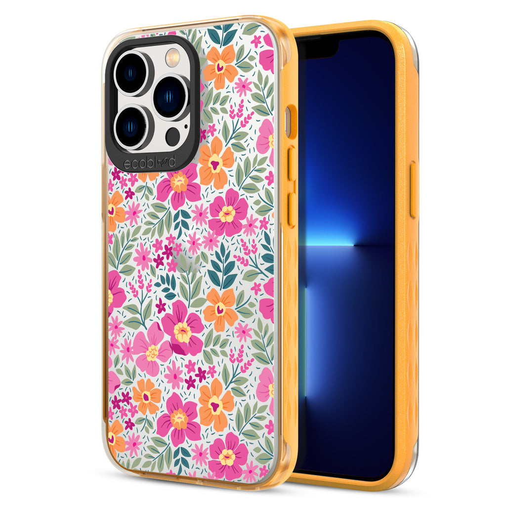 Back View Of Yellow Eco-Friendly iPhone 13 Pro Clear Case With Wallflowers Design & Front View Of Screen