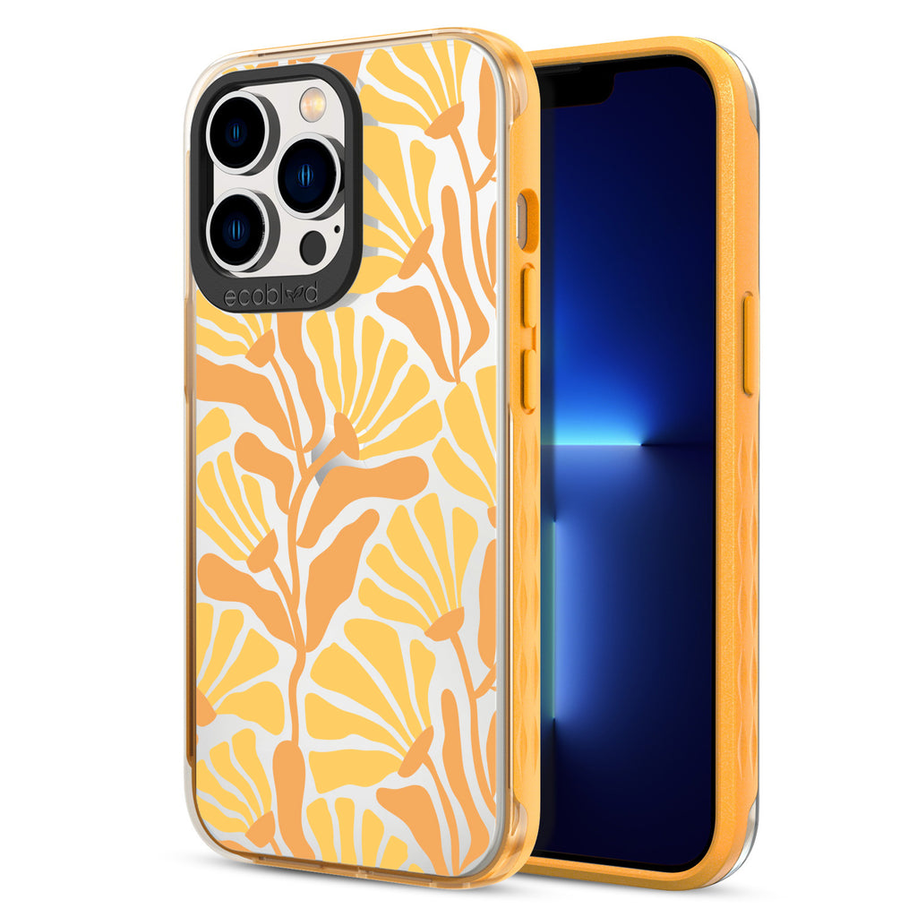 Back View Of Yellow Eco-Friendly iPhone 13 Pro Clear Case With Floral Escape Design & Front View Of Screen