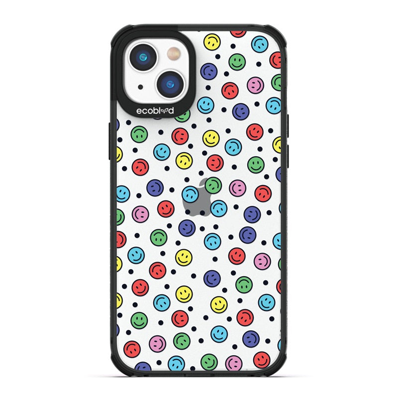 Laguna Collection - Black Eco-Friendly iPhone 14 Case With Multicolored Smiley Faces & Black Dots On A Clear Back 