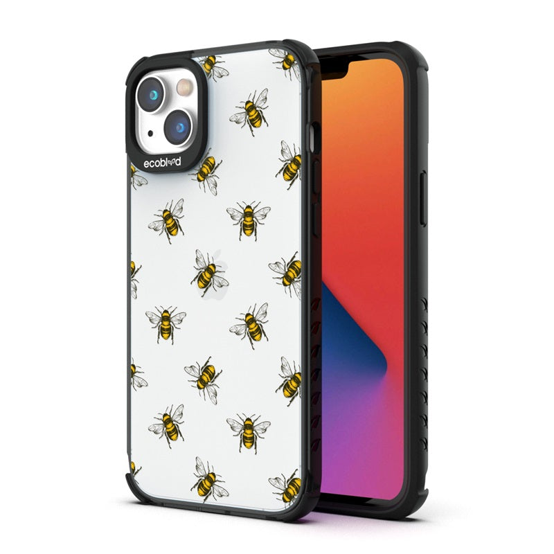Back View Of The Black iPhone 14 Laguna Case With The Bees Design On A Clear Back And Front View Of The Screen
