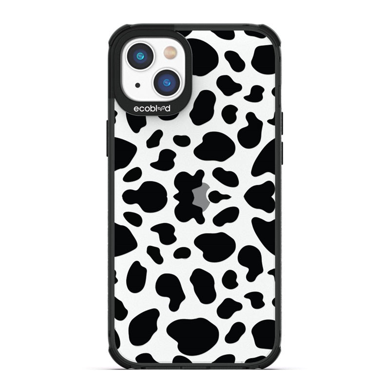Laguna Collection - Black Eco-Friendly iPhone 14 Case With A Black Spot Cow Print Pattern On A Clear Back - Compostable