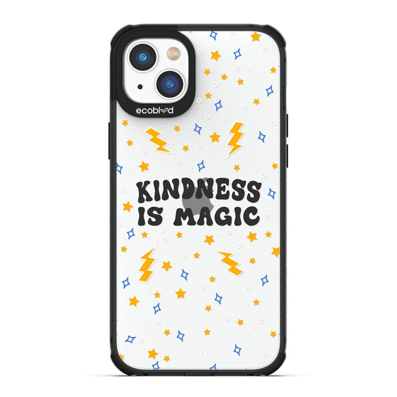 Laguna Collection - Black Compostable iPhone 14 Case With Kindness Is Magic, Lightning & Stars On A  Clear Back