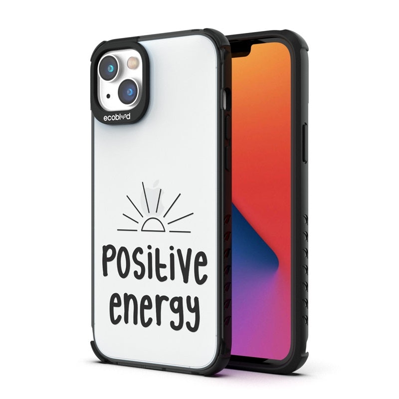 Back View Of The Black iPhone 14 Laguna Case With The Positive Energy Design On A Clear Back And Front View Of The Screen