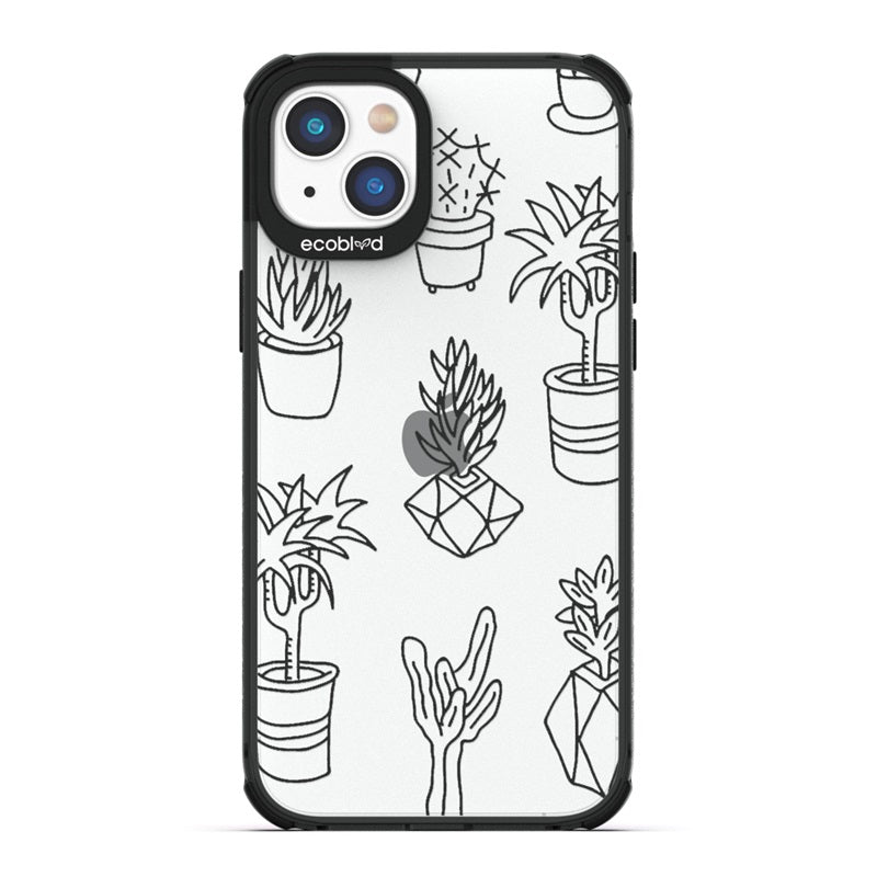 Laguna Collection - Black Eco-Friendly iPhone 14 Case With Line Art Succulent Garden Print On A Clear Back - Compostable