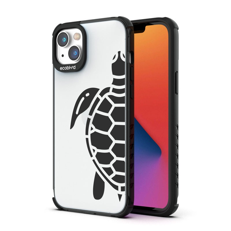 Back View Of The Black iPhone 14 Laguna Case With The Sea Turtle Design On A Clear Back And Front View Of The Screen