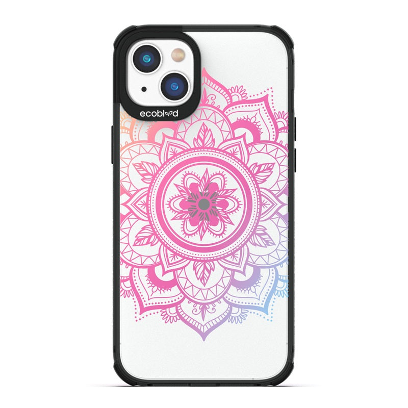Laguna Collection - Black Eco-Friendly iPhone 14 Case With A Pink Gradient Lotus Flower Mandala Design On A Clear Back 