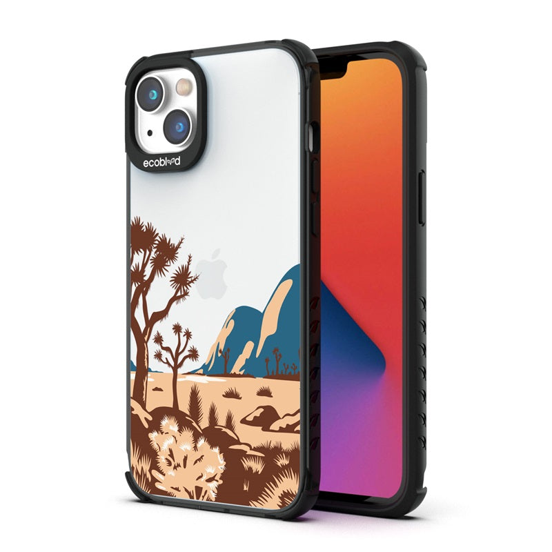 Back View Of The Black Compostable iPhone 14 Laguna Case With Joshua Tree Design & Front View Of The Screen