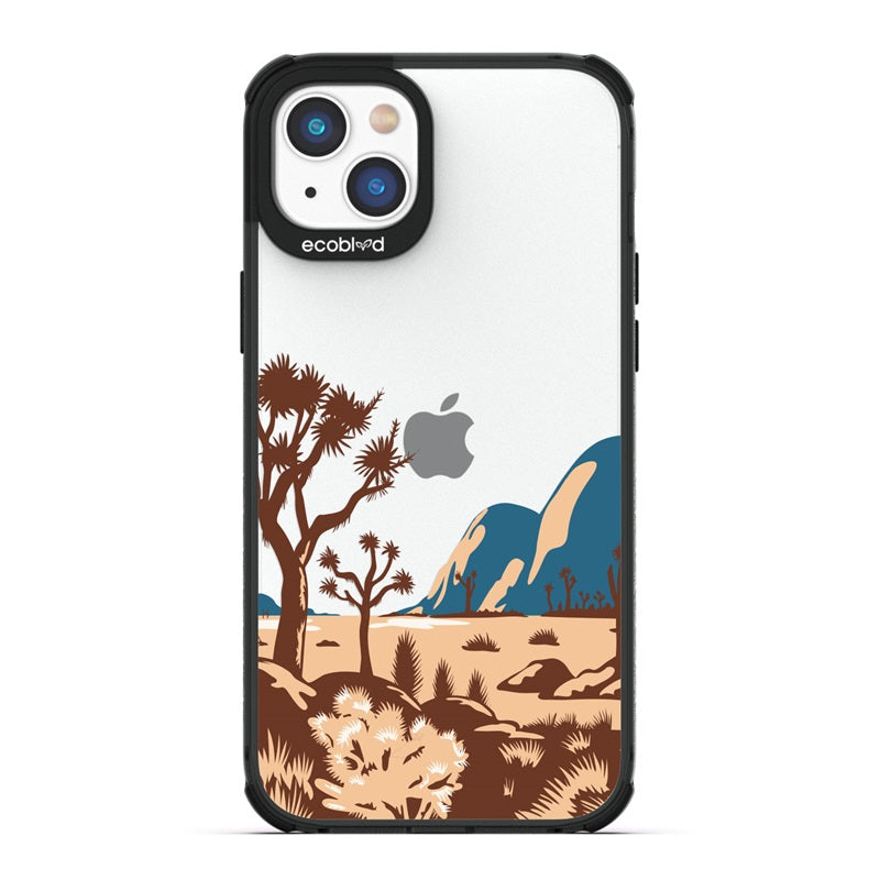 Laguna Collection - Black Eco-Friendly Apple iPhone 14 Case With Minimalist Joshua Tree Desert Landscape On A Clear Back