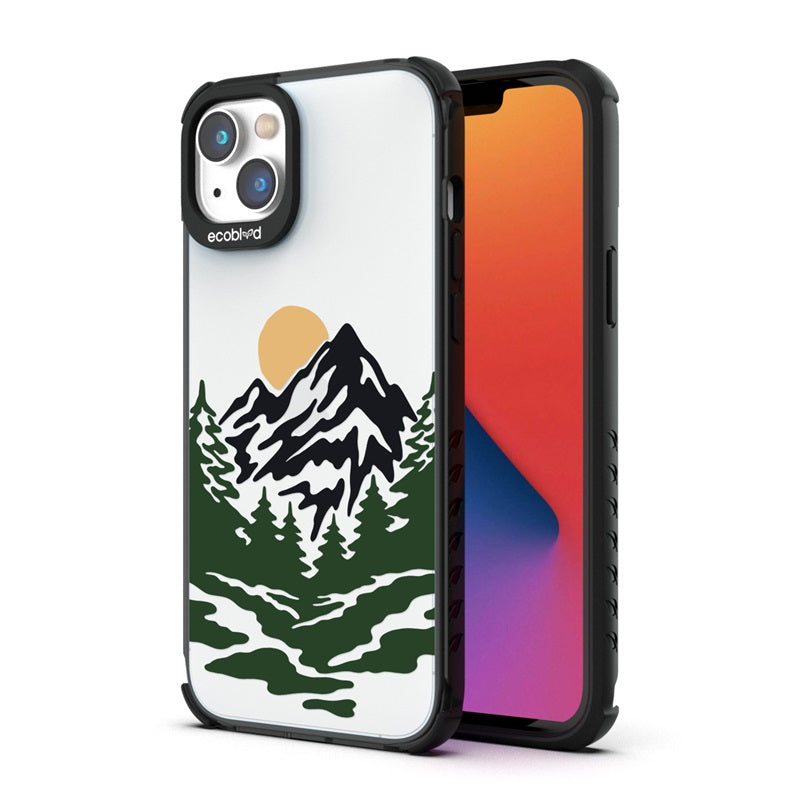 Back View Of Black Compostable Laguna iPhone 14 Case With Mountains Design & Front View Of Screen