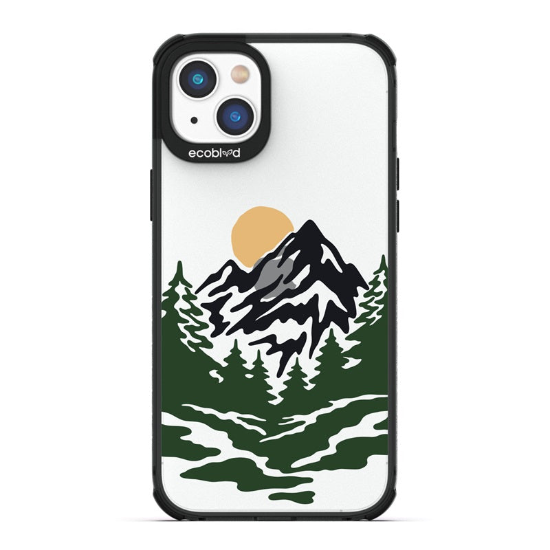 Laguna Collection - Black Eco-Friendly iPhone 14 Case With A Minimalist Moonlit Treelined Mountain Landscape On A Clear Back