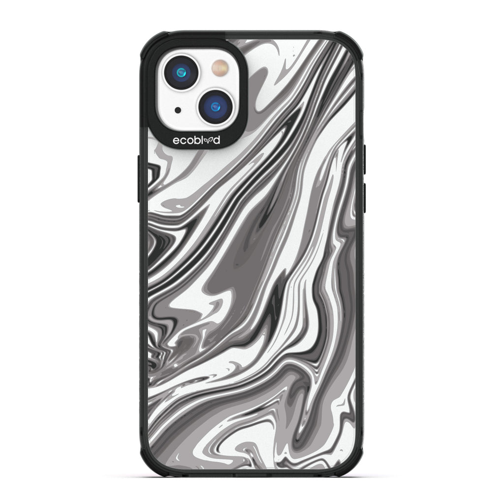 Timeless Collection - Black Laguna Compostable iPhone 14 Case With Marble Swirls On a Clear Back