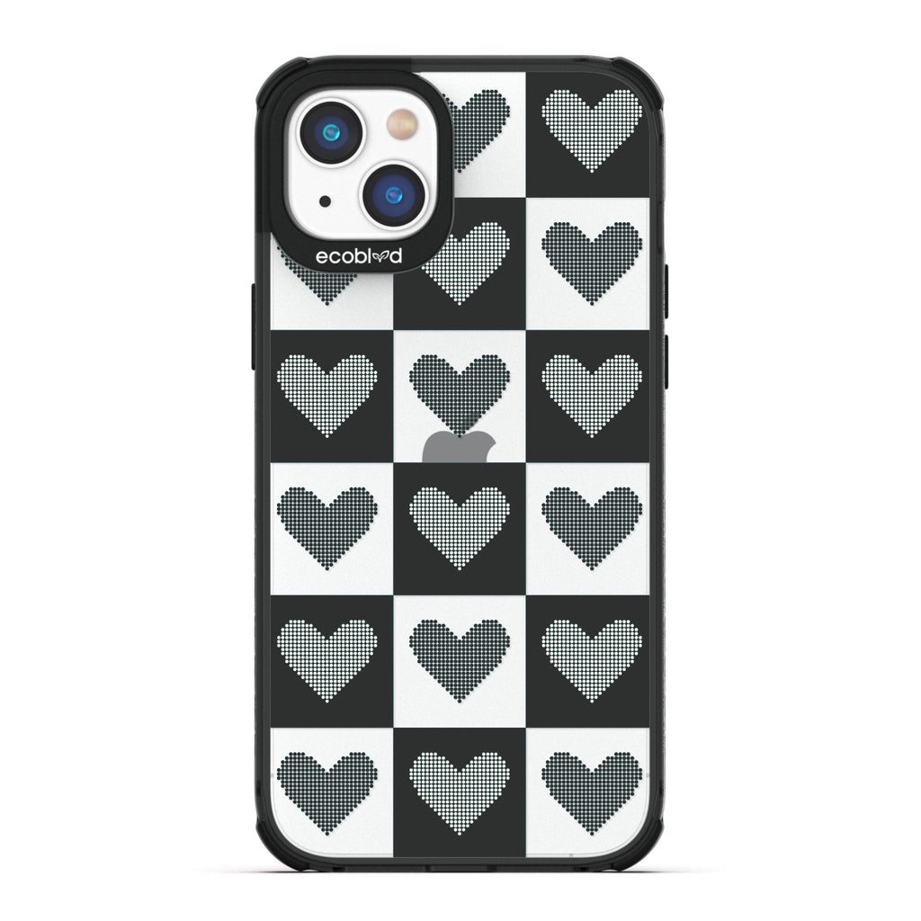 Love Collection - Black Compostable iPhone 14 Case - Black Checkered Print With Knitted Hearts On A Clear Back