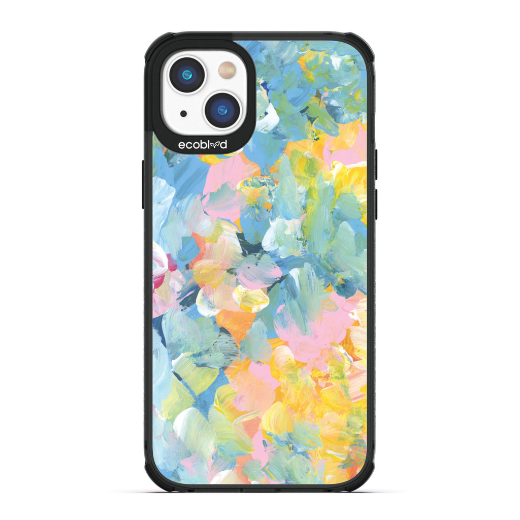 Spring Collection - Black Compostable iPhone 14 Case - Pastel Acrylic Abstract Paint Smears & Blots On A Clear Back