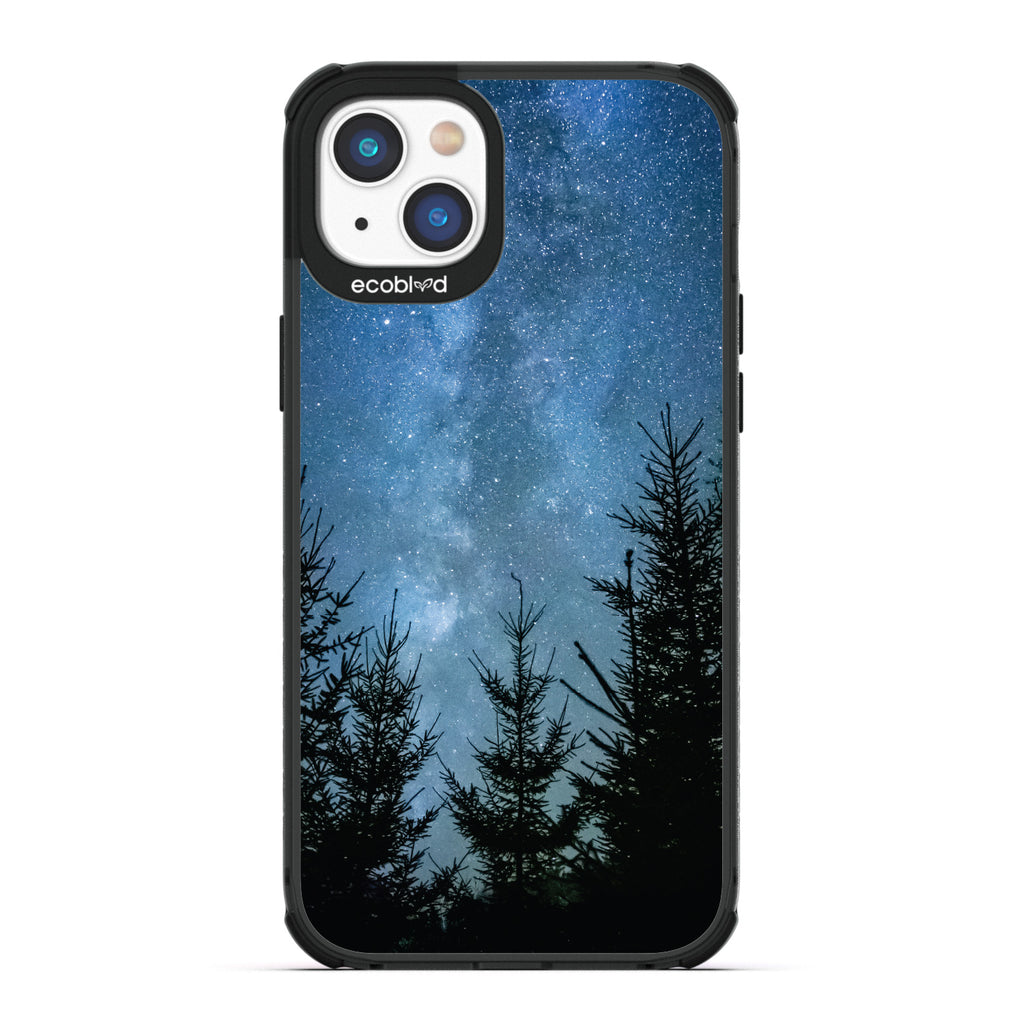 Winter Collection - Black Compostable iPhone 14 Case - Star-Filled Night Sky In The Woods On A Clear Back