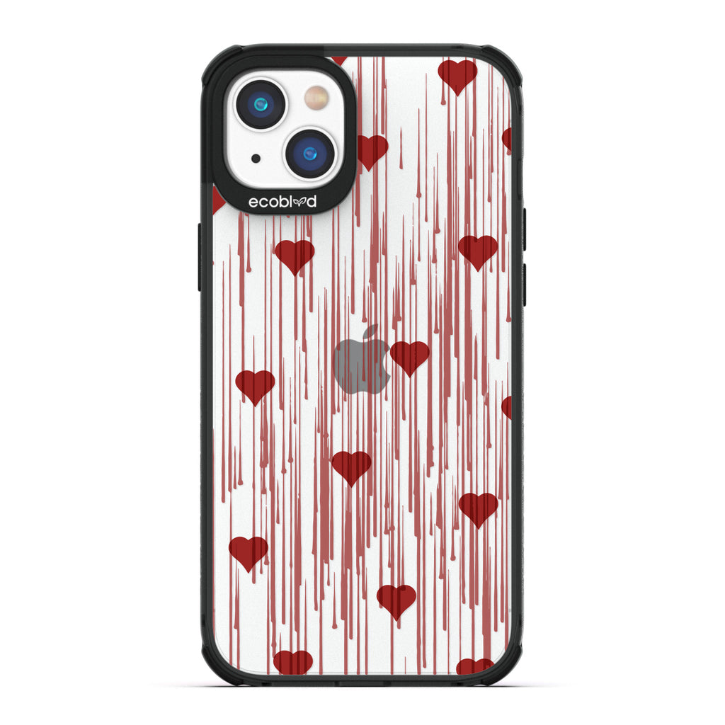 Love Collection - Black Compostable iPhone 14 Plus Case - Red Hearts With A Drip Art Style On A Clear Back
