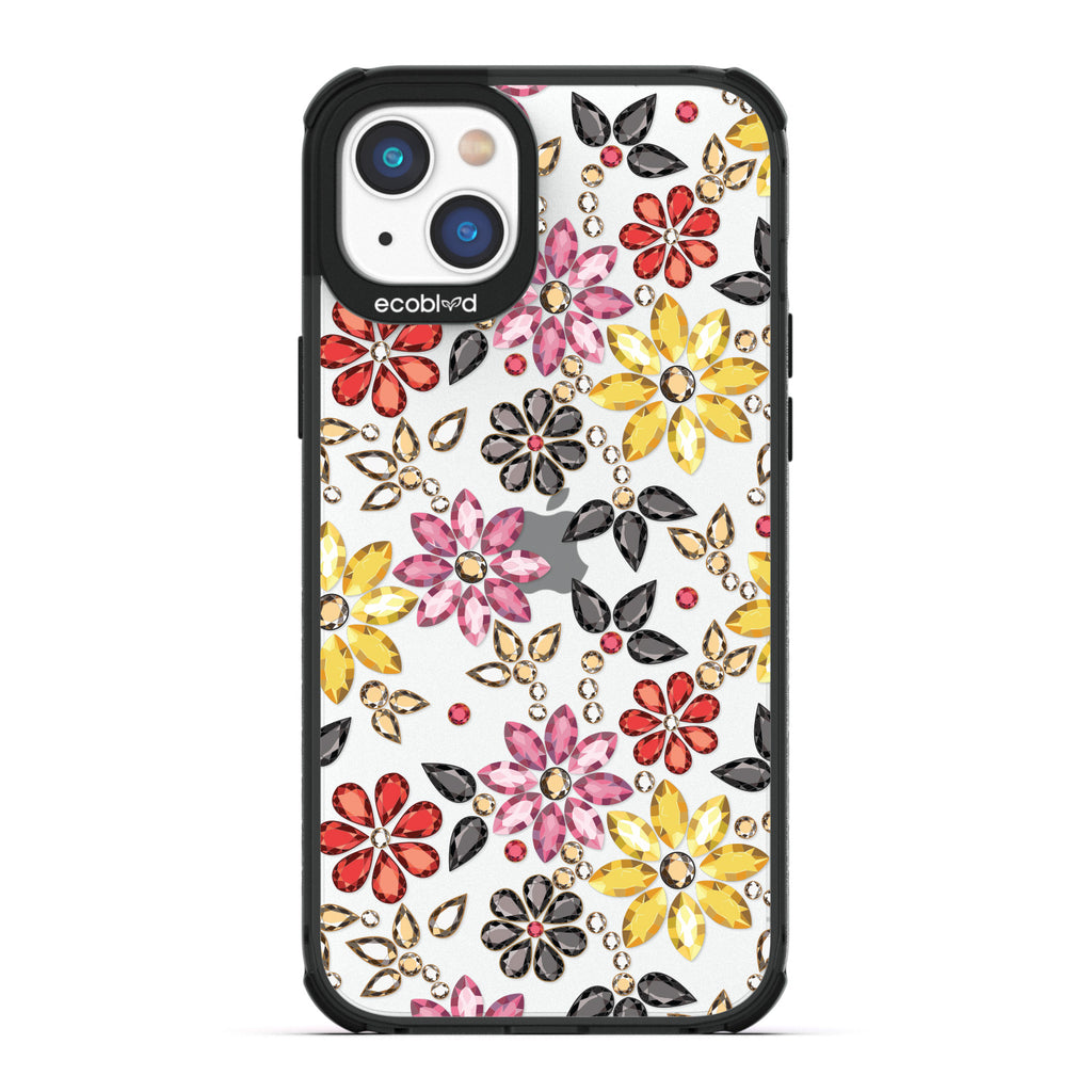 Spring Collection - Black Compostable iPhone 14 Case - Rhinestone Jewels In Floral Patterns On A Clear Back