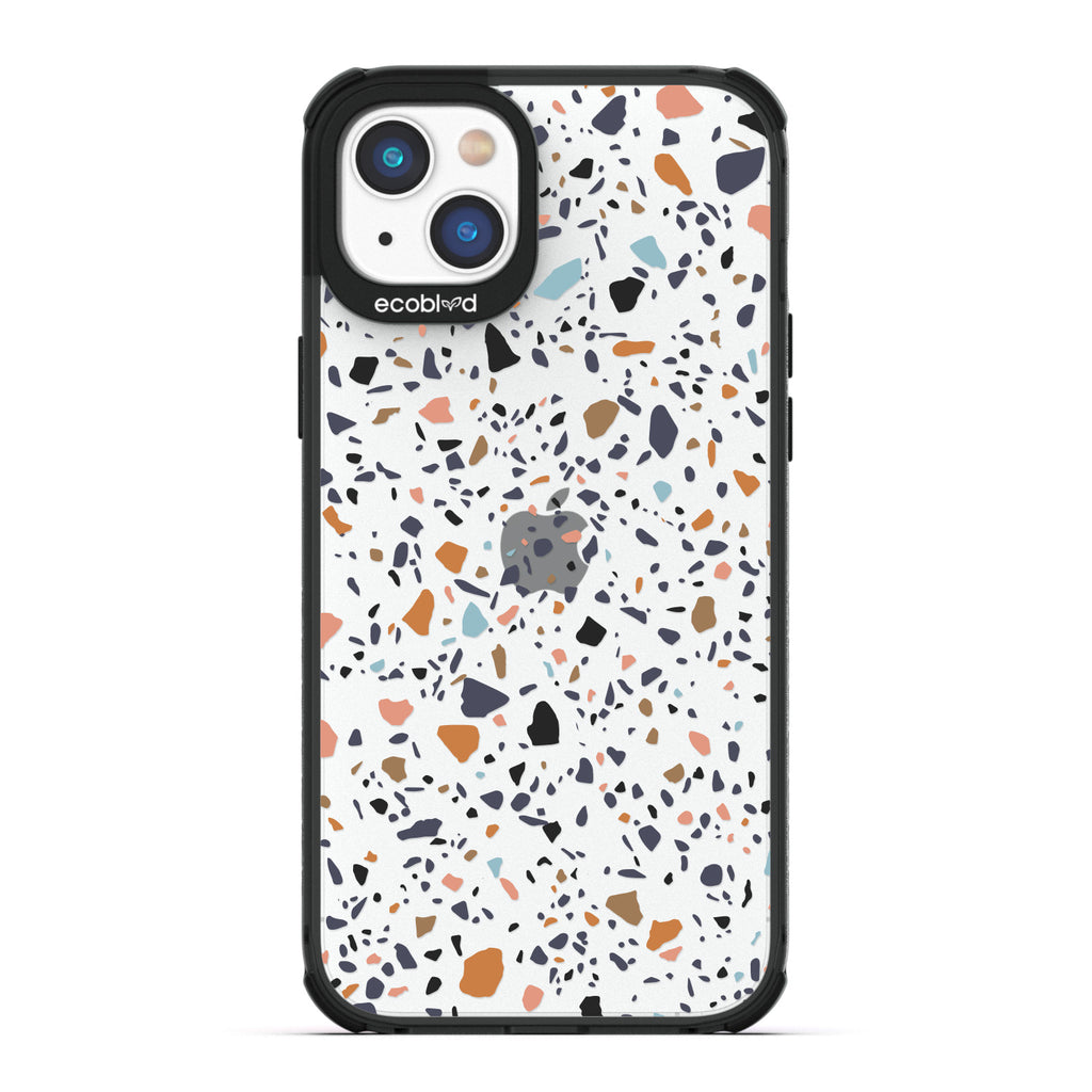 Timeless Collection - Black Laguna Compostable iPhone 14 Case With A Speckled Terrazzo Pattern On A Clear Back