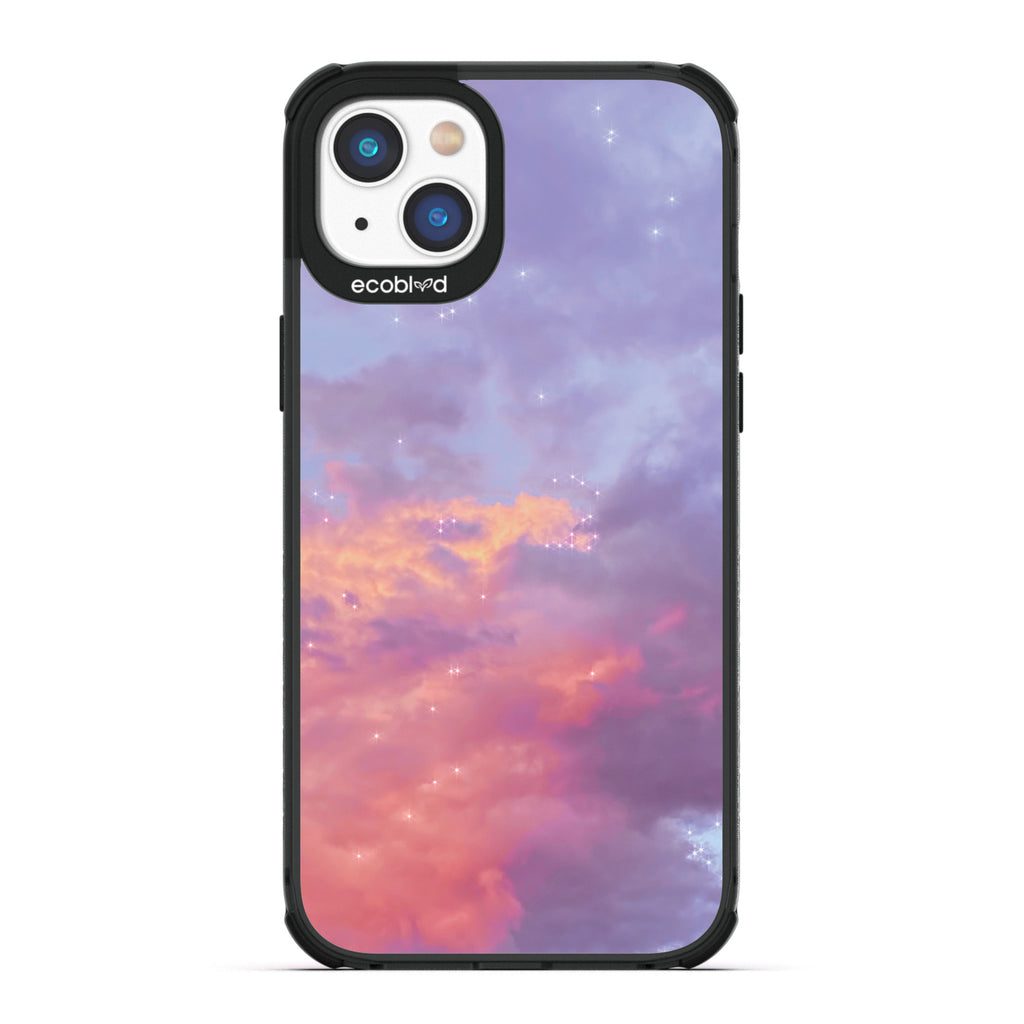 Love Collection - Black Compostable iPhone 14 Case - Cloudy Pastel Sunset With Stars On A Clear Back