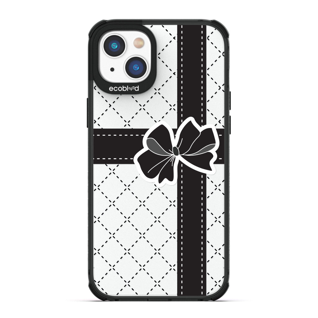 All Wrapped Up - Argyle Print Wrap With Black Ribbon & Black Bow - Eco-Friendly Clear iPhone 14 Plus Case With Black Rim