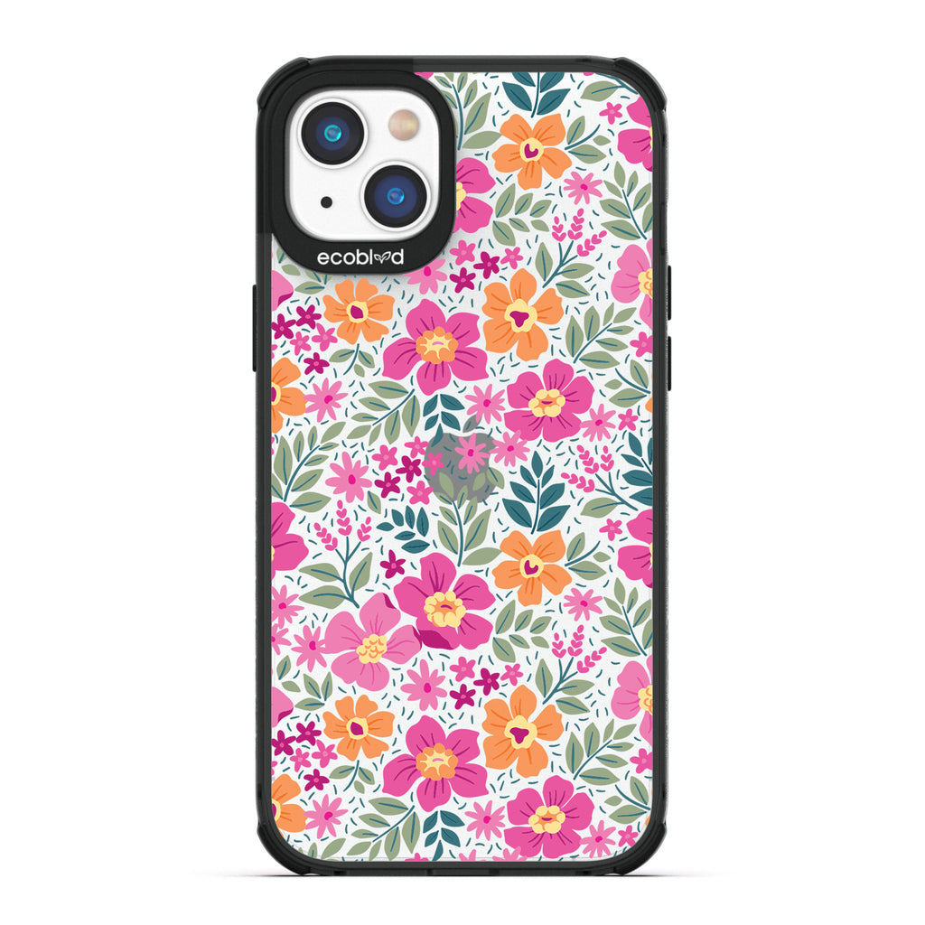 Spring Collection - Black Compostable iPhone 14 Case - Bright, Colorful  Vintage Cartoon Flowers with Leaves On A Clear Back