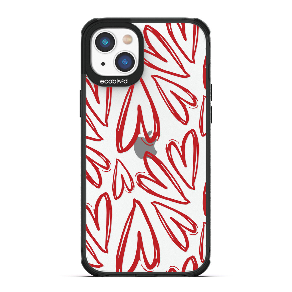 Love Collection - Black Compostable iPhone 14 Plus Case - Painted / Sketched Red Hearts On A Clear Back