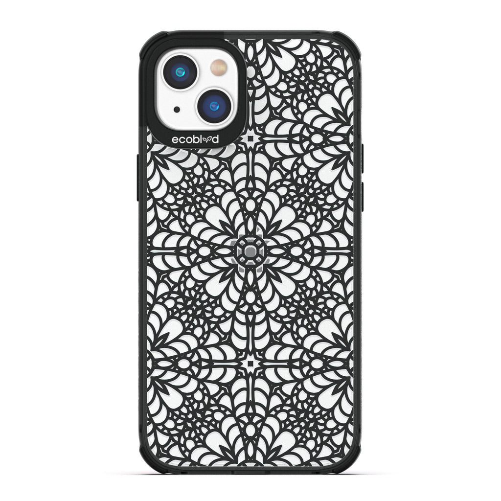 Spring Collection - Black Compostable iPhone 14 Plus Case - Intricate Lace Tapestry Pattern On A Clear Back